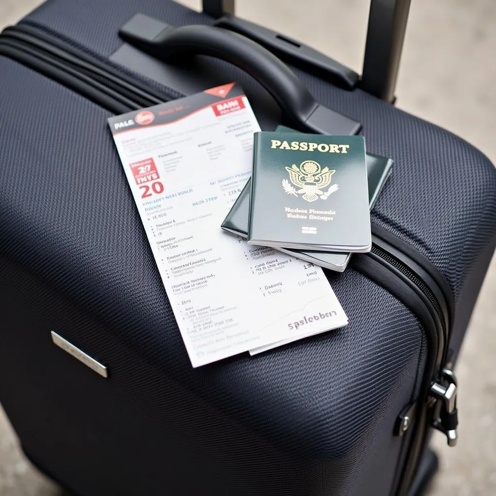 Travel documents like passport and boarding pass on luggage