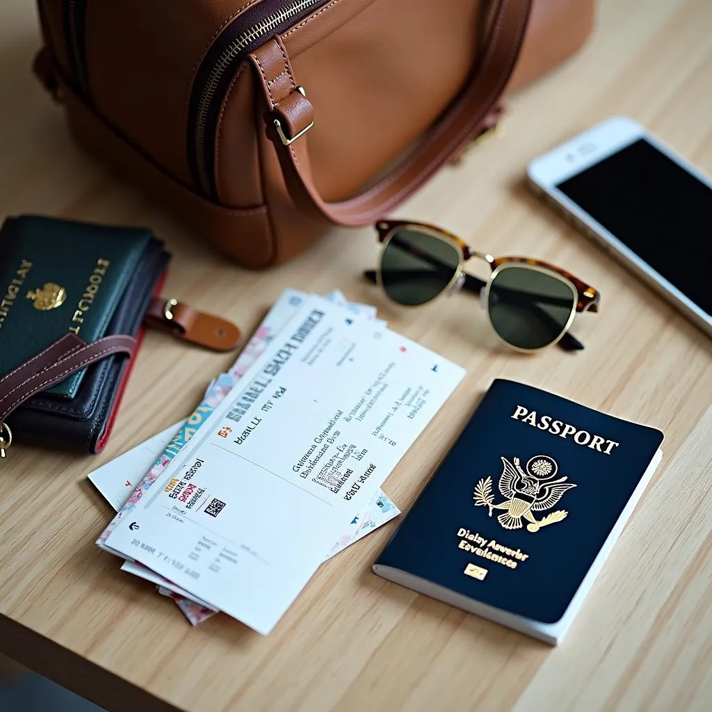 Essential travel items laid out on a table