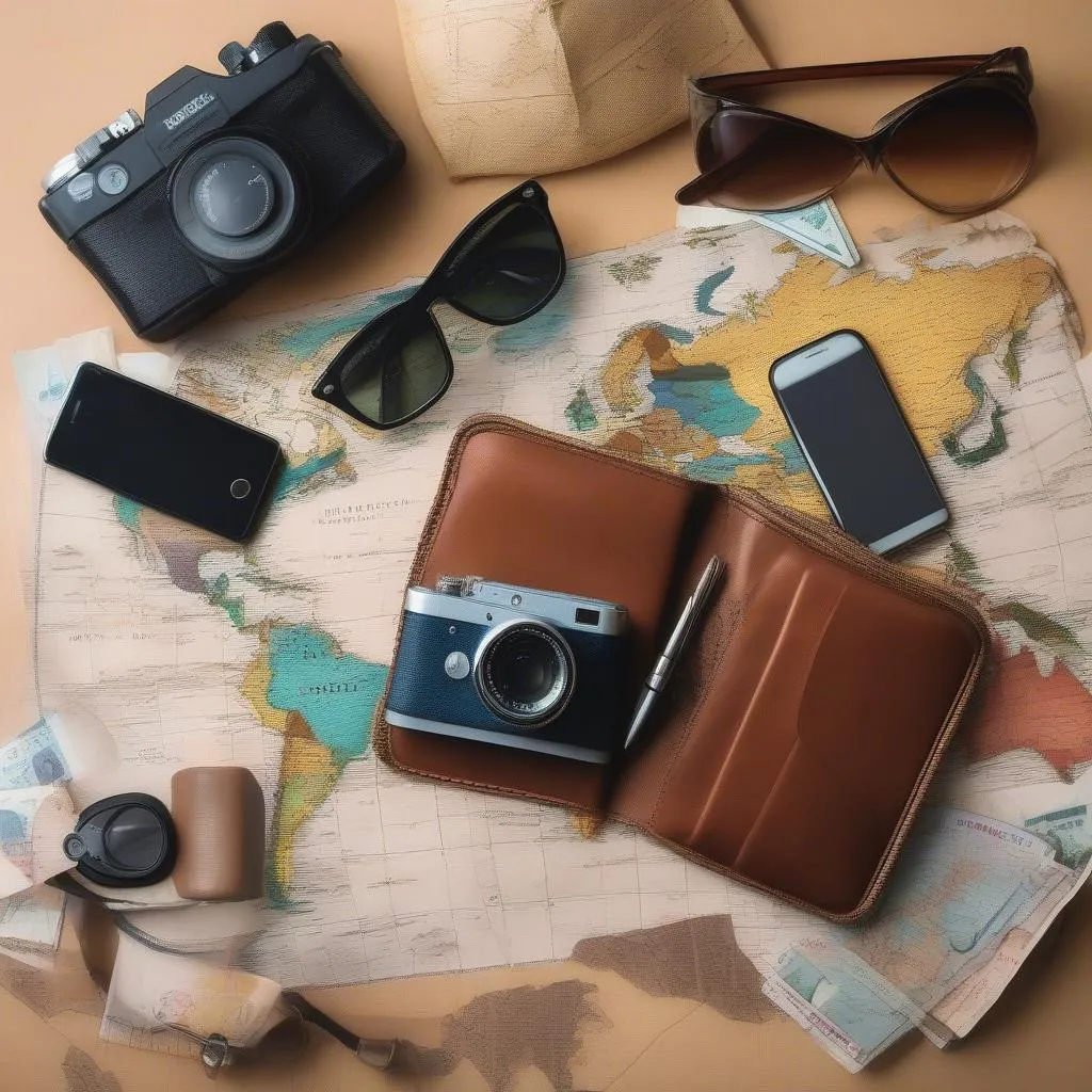 Travel essentials laid out on a map