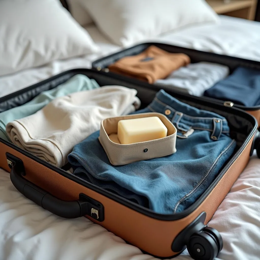 Suitcase packed with travel essentials, including a bar of soap.