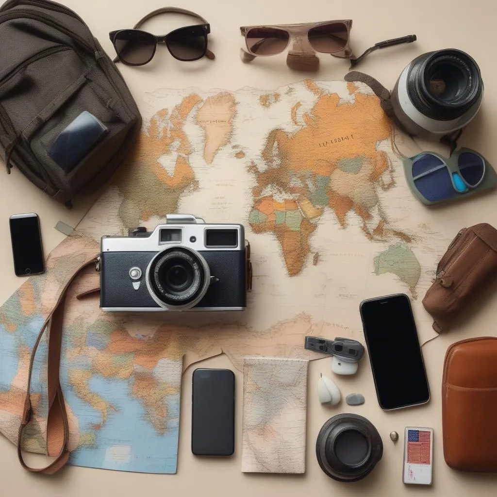 Travel essentials on a map