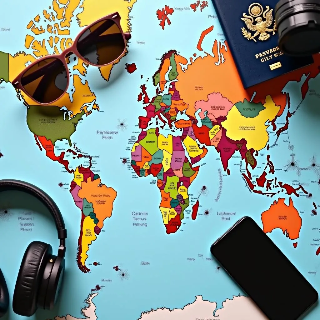 Travel essentials on a world map