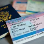 Essential travel documents: passport, visa, and flight tickets.