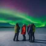 Tour guide and travelers watching northern lights