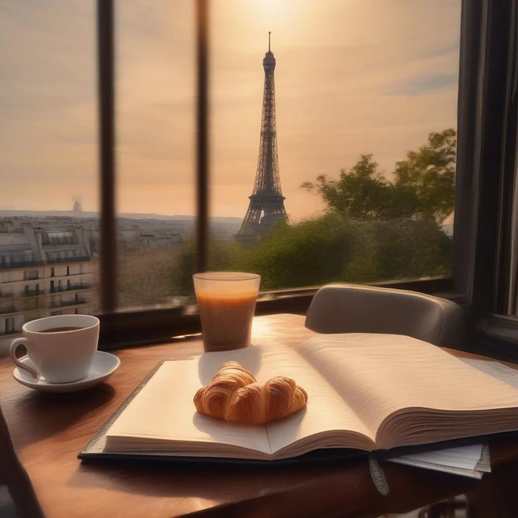 Traveller's journal open with the Eiffel Tower in the background