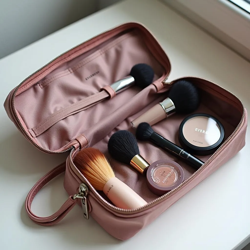 Open travel makeup bag with brushes and cosmetics inside.