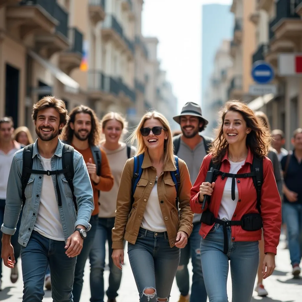 Diverse group of travelers with backpacks exploring a new city