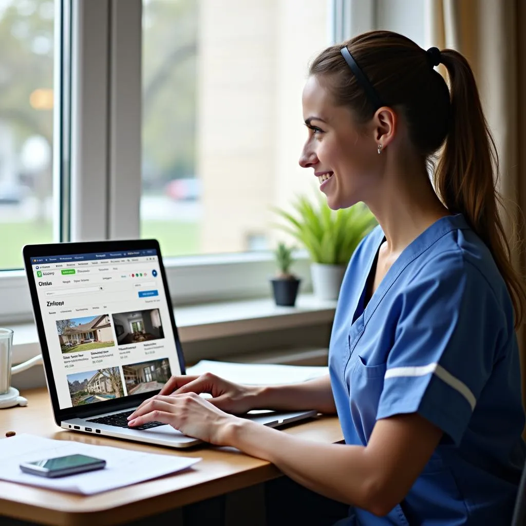 Travel nurse using laptop for research