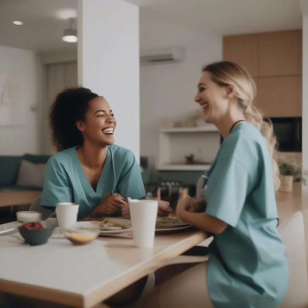 Travel Nurses Sharing a Meal in their Apartment