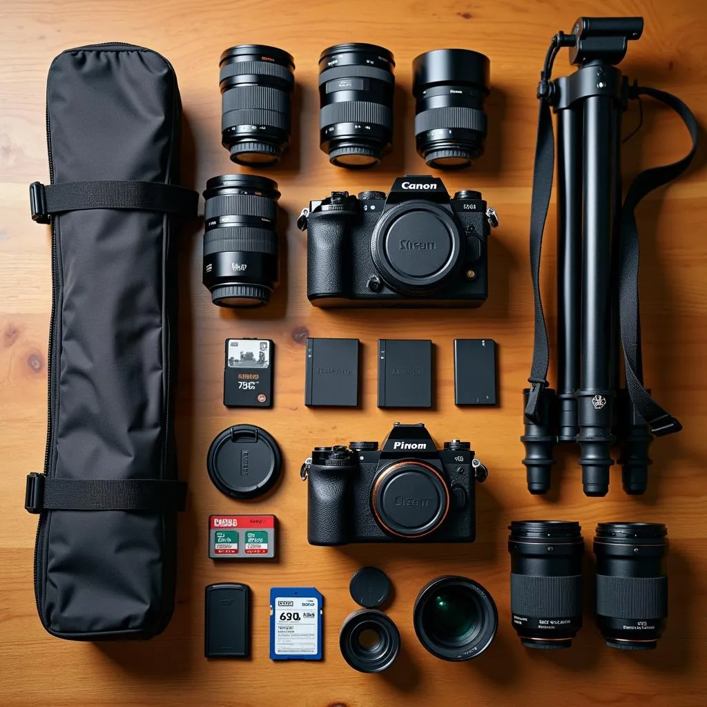 Essential travel photography equipment laid out on a table