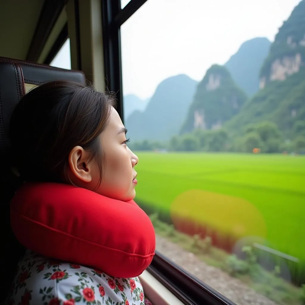 Tourist using travel pillow on train