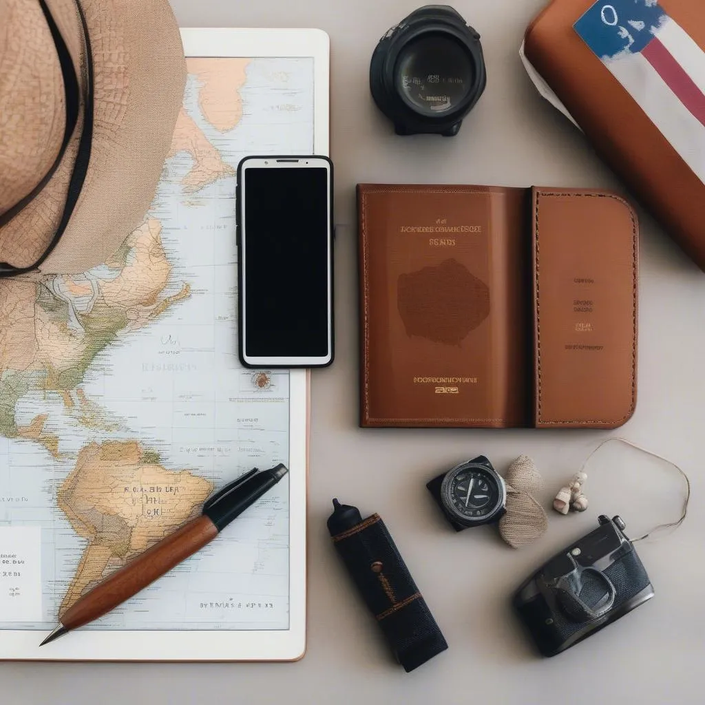 Essential items for travel planning laid out on a table: map, passport, phone, notebook.