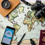 Essential travel planning tools laid out on a table