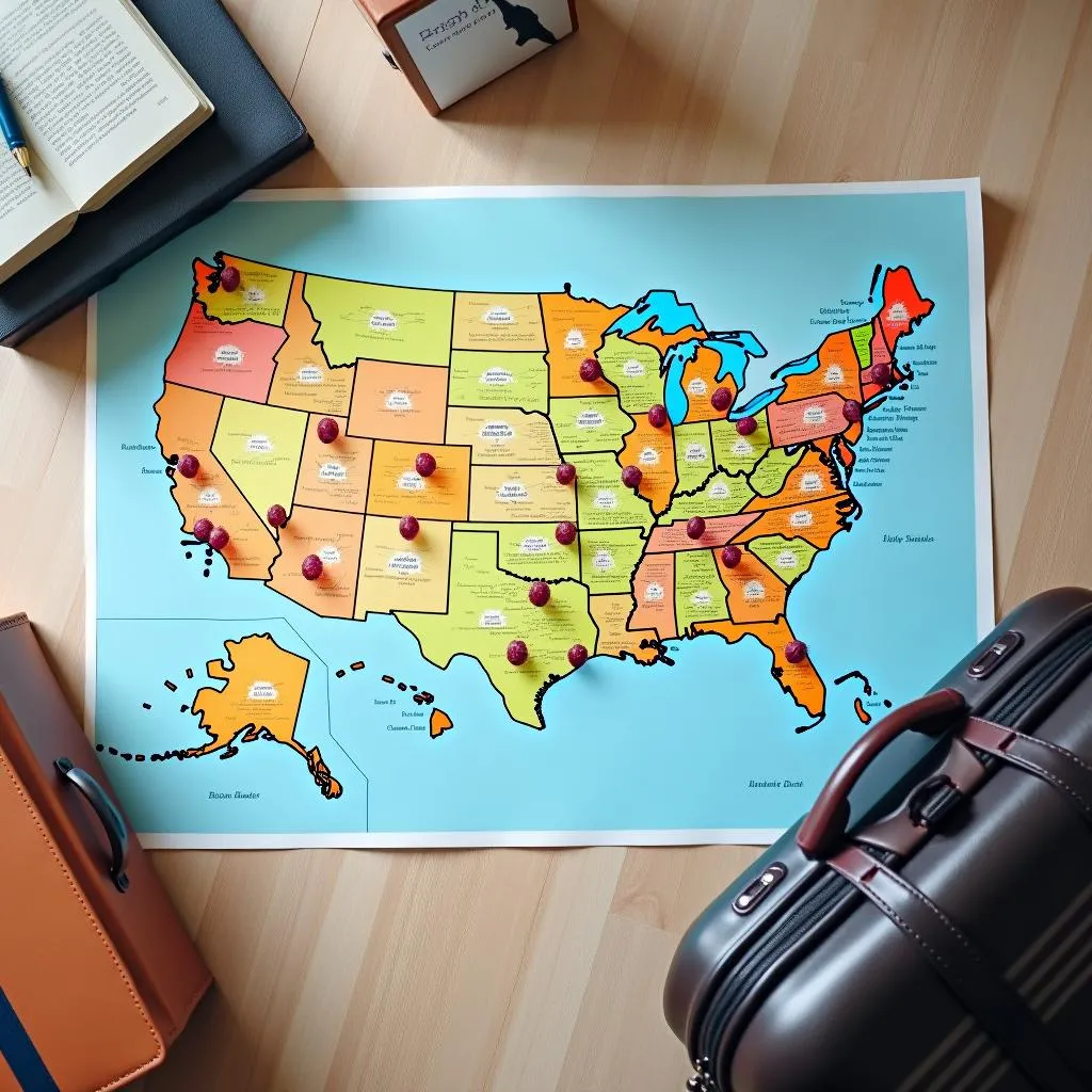 Travel planning essentials: map, luggage, and itinerary