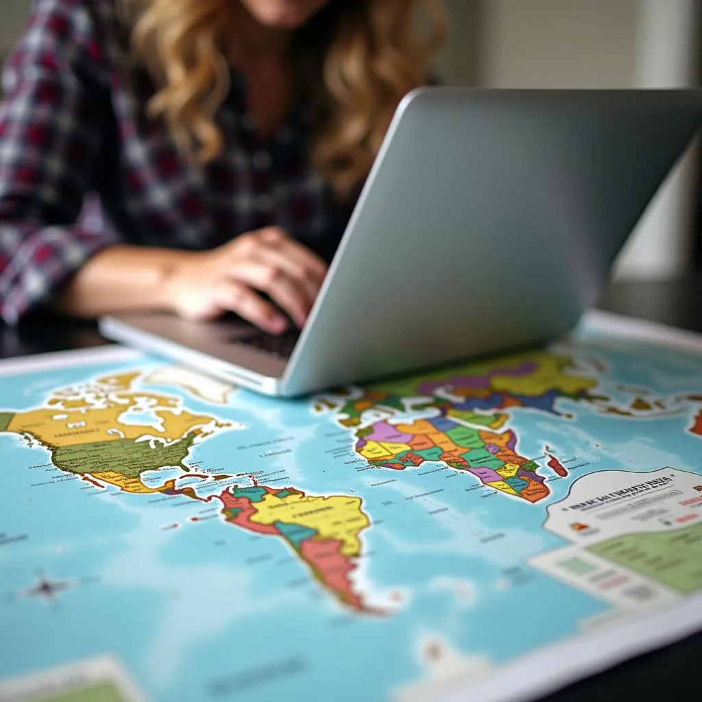 Travel planning using laptop and map