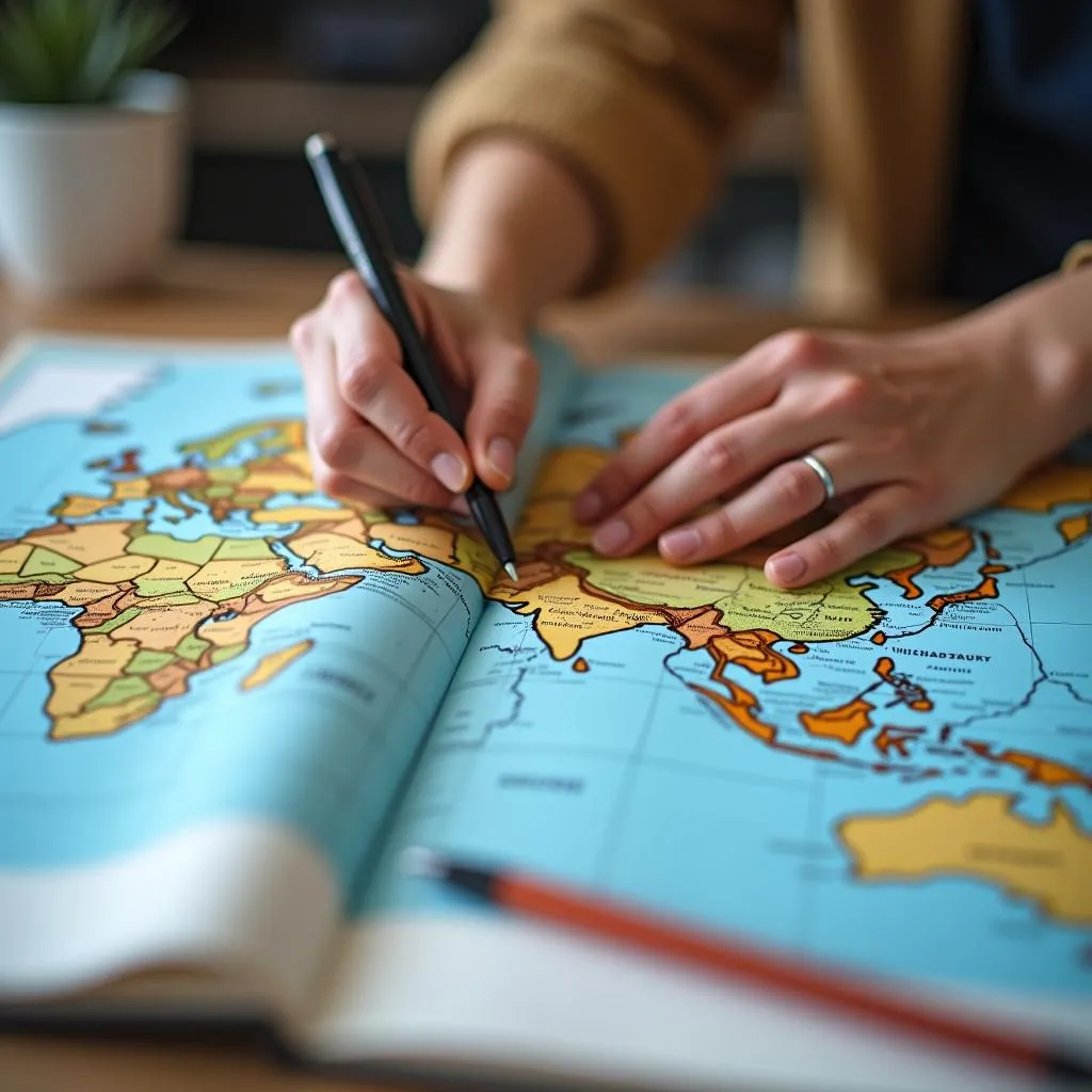 Person planning a trip using a map and notebook