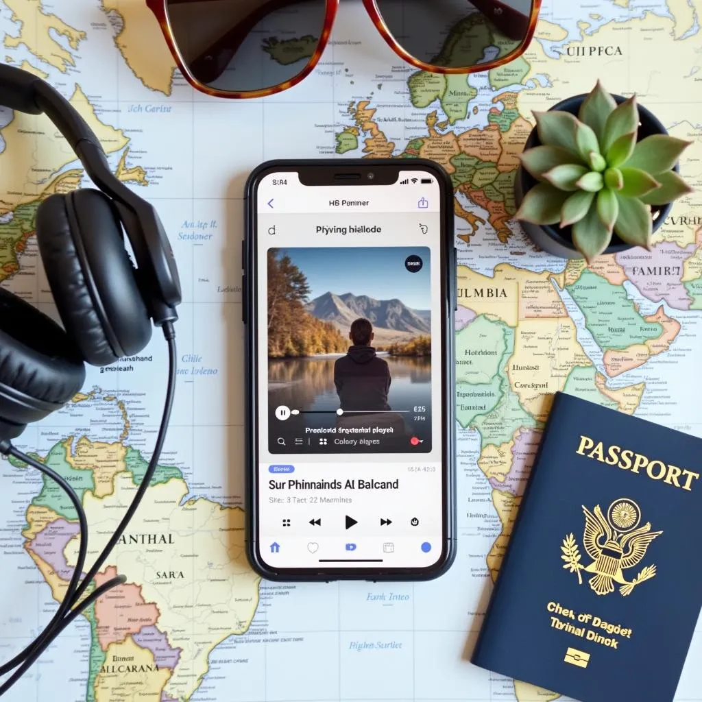 Creating a travel playlist on smartphone with headphones