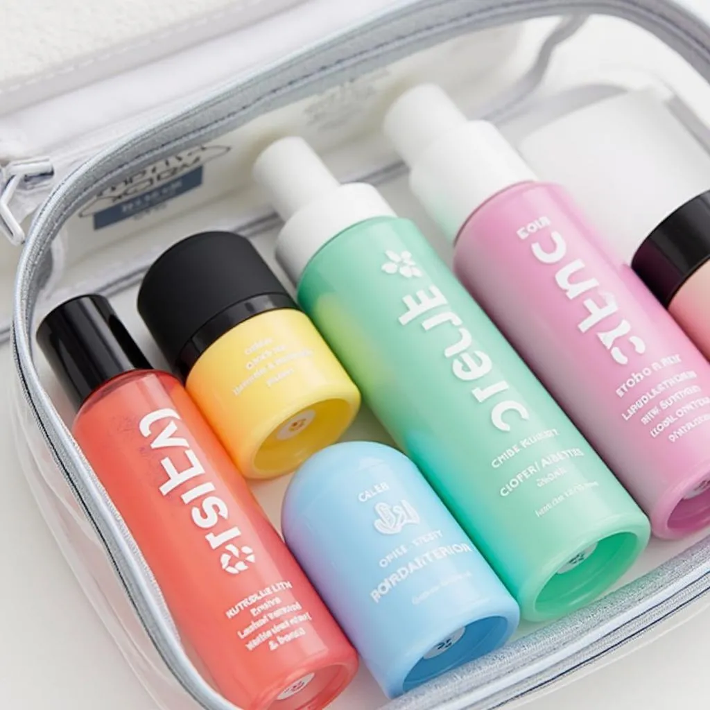 Travel-sized toiletries in a clear bag