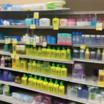 Assortment of travel size toiletries on a shelf