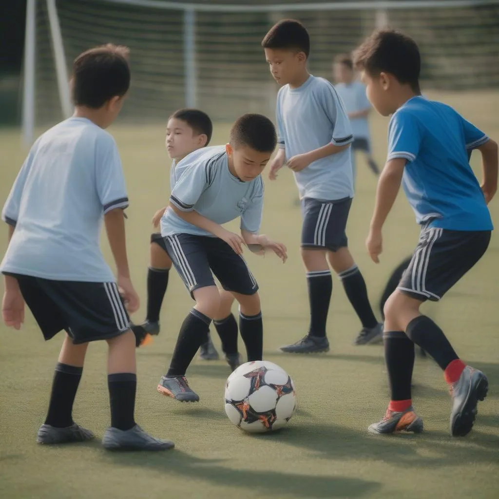 Young soccer players training for a tournament