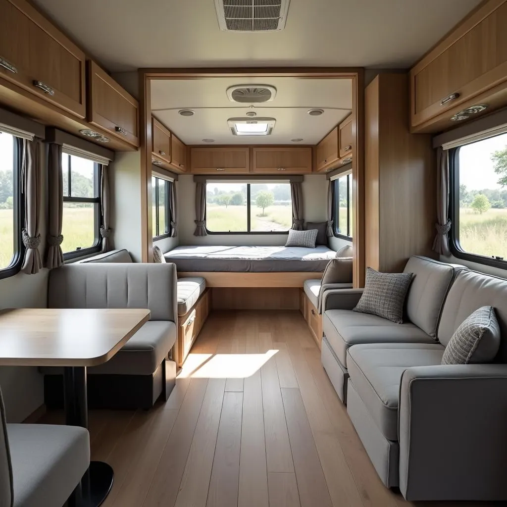 Spacious travel trailer interior with a Murphy bed folded up