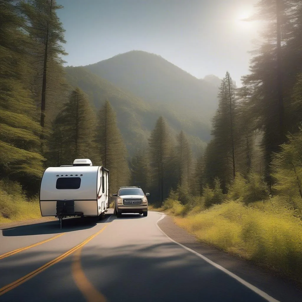 Travel trailer being towed on a mountain road