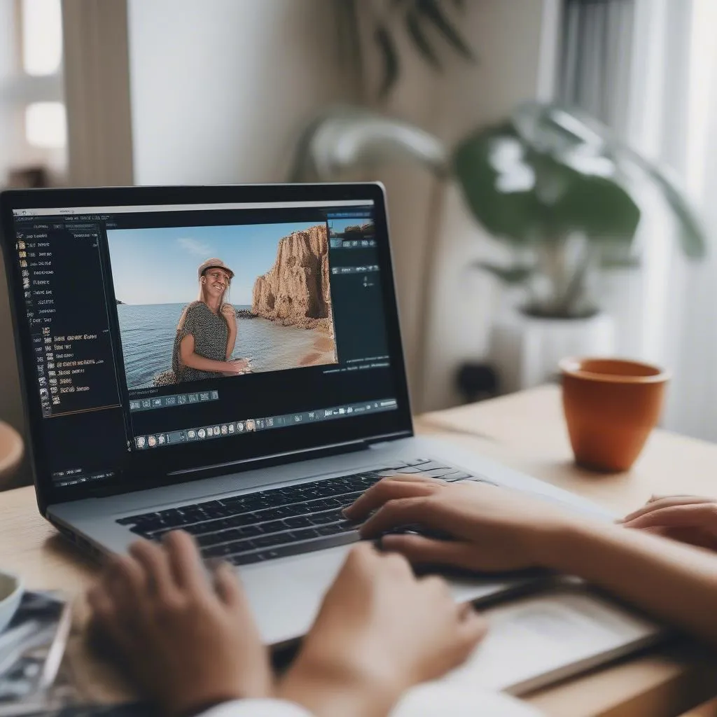 Travel vlogger editing screen recording on laptop.