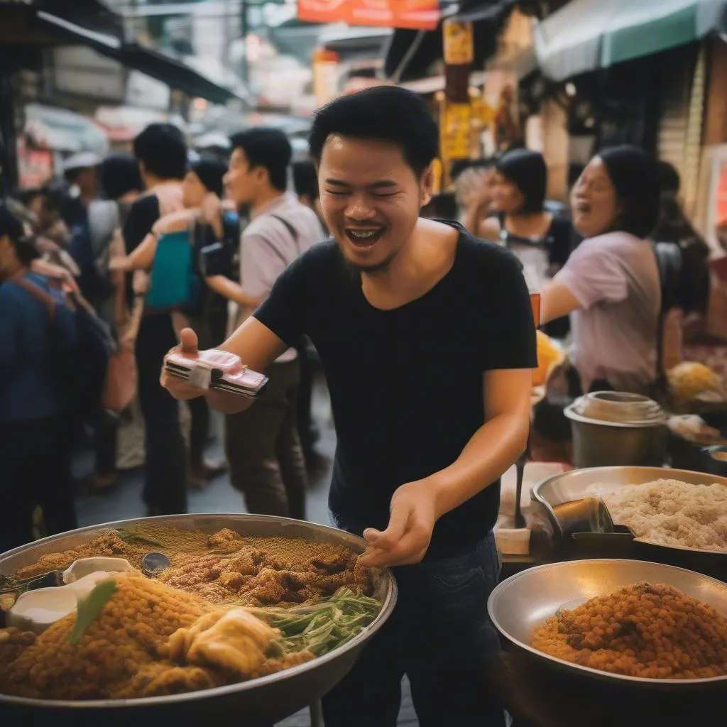 Travel vlogger filming street food