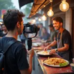 Travel vlogger filming street food