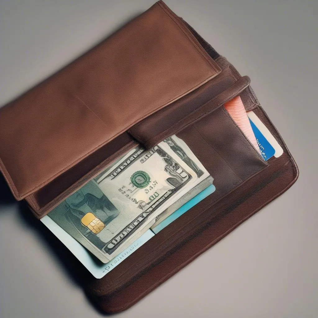 Traveler's checks in a travel wallet with cash and cards