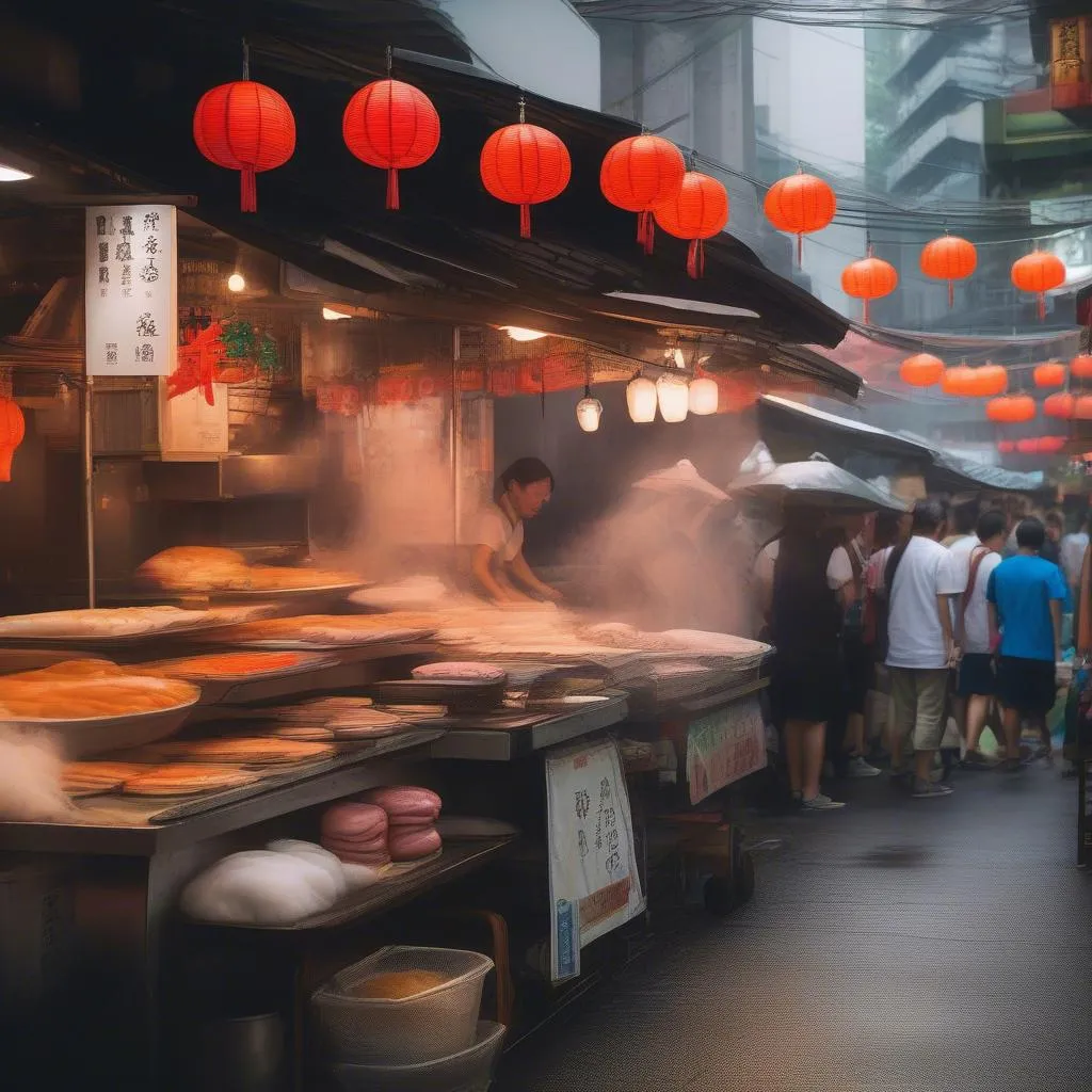 A vibrant street scene in Taipei, Taiwan, with food stalls selling gua bao