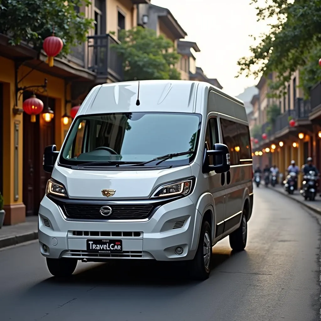 TRAVELCAR's 16-seater van navigating the vibrant streets of Hanoi's Old Quarter