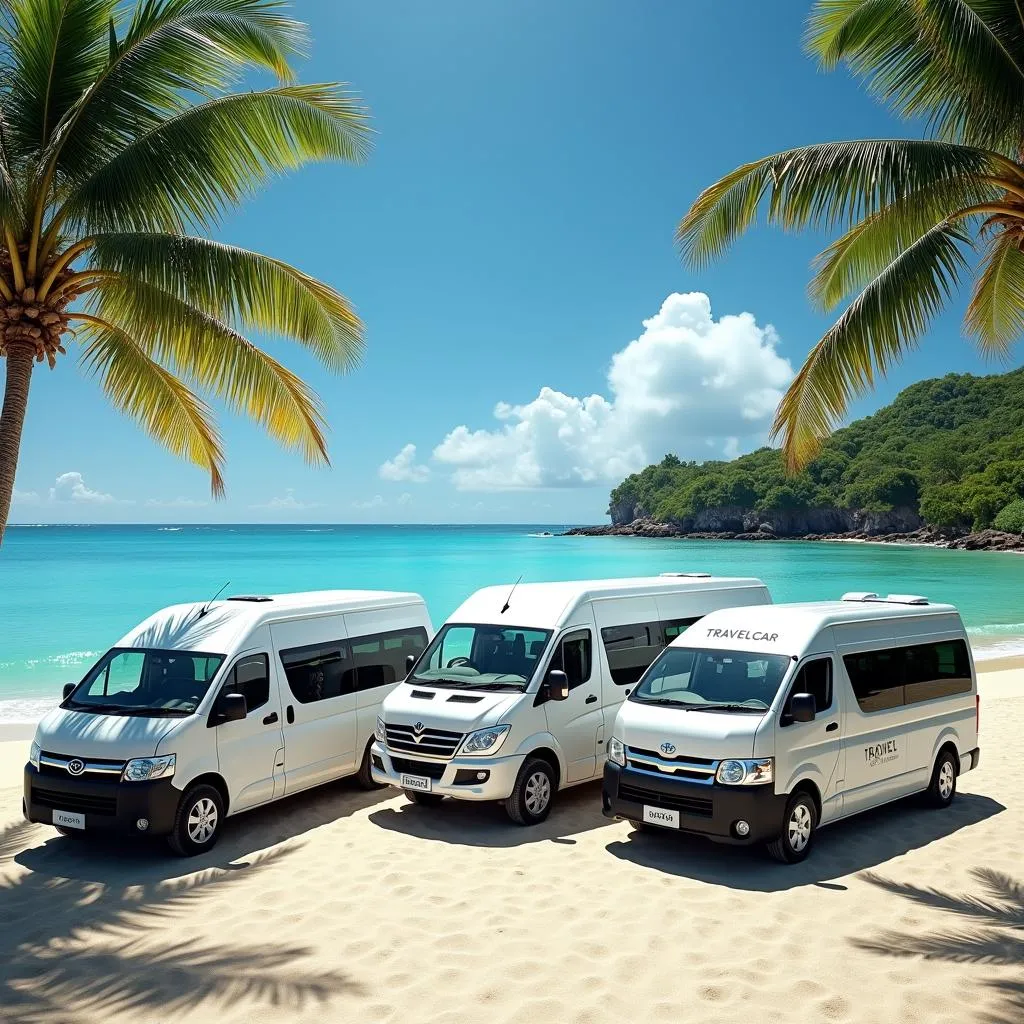 TRAVELCAR fleet parked in front of a scenic Mauritius beach.