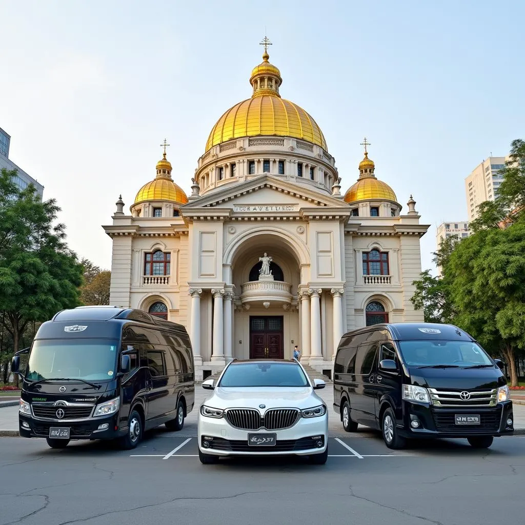 TRAVELCAR's fleet of vehicles parked in front of the Hanoi Opera House.