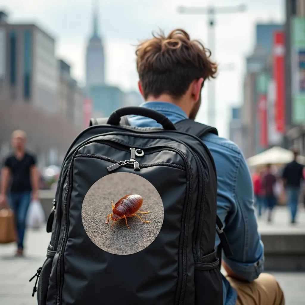 Traveler with backpack potentially carrying a bed bug