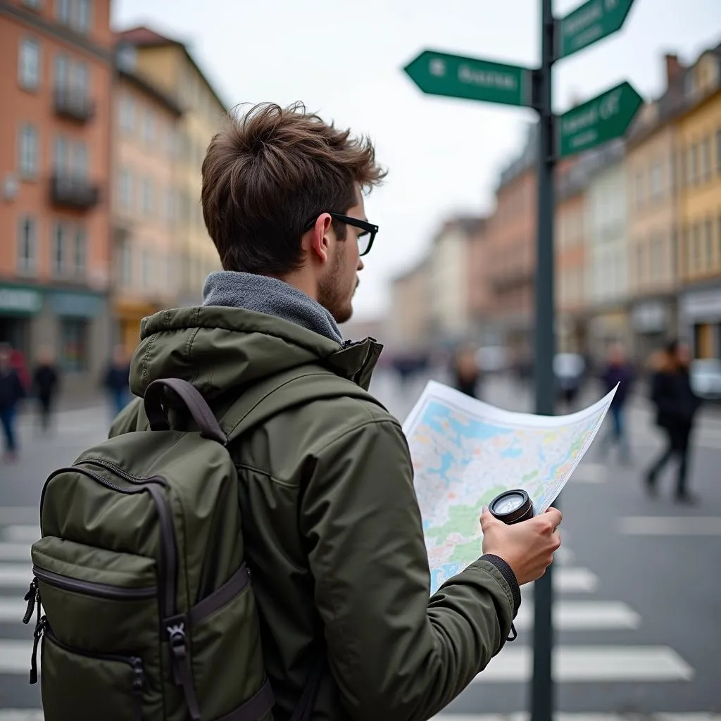 Traveler Using Compass and Map