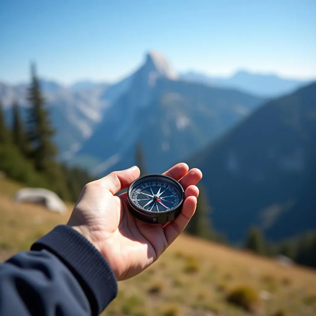 Traveler holding a compass with a scenic mountain view