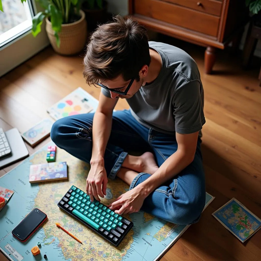 Traveler personalizing their mechanical keyboard with colorful keycaps