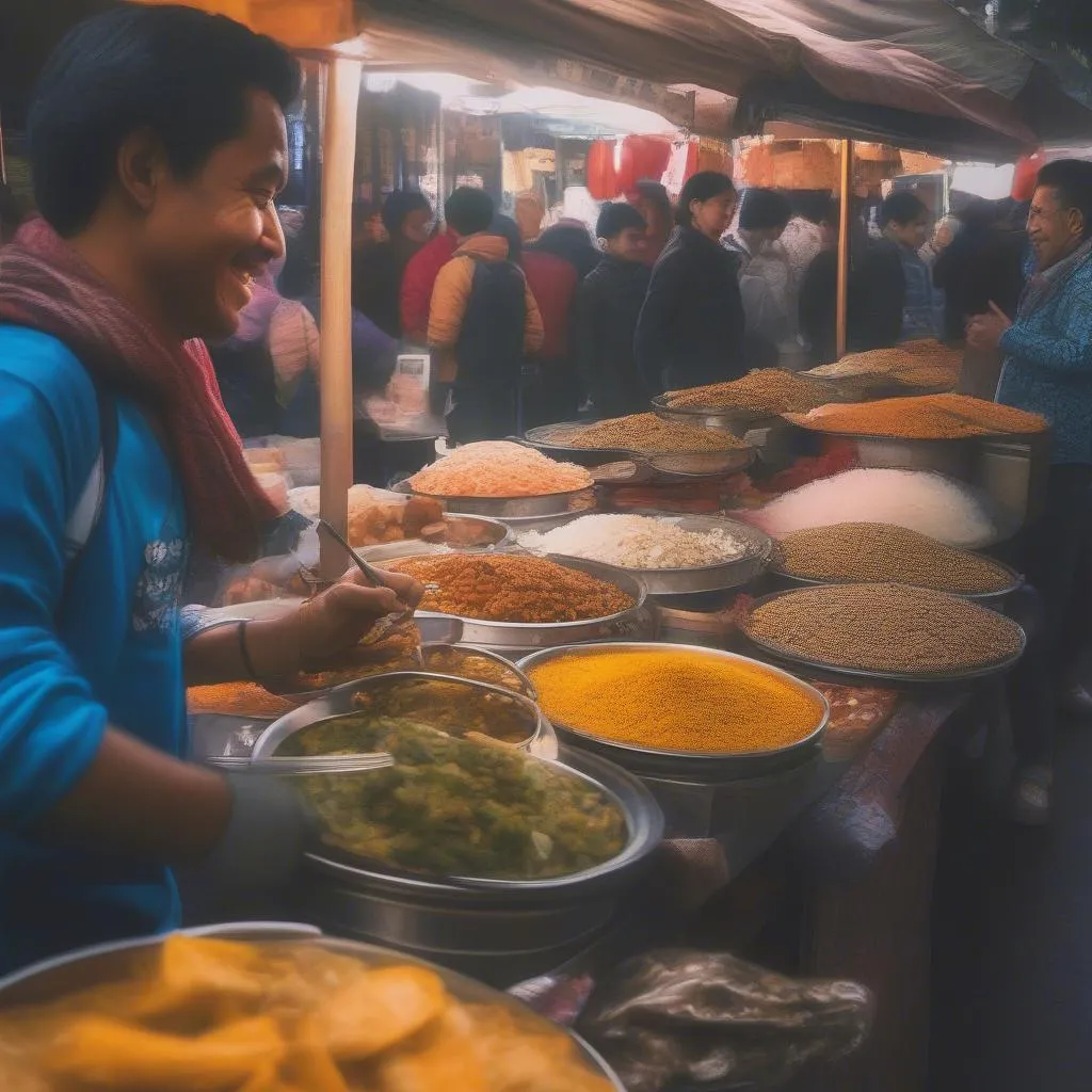 Traveler enjoying street food safely