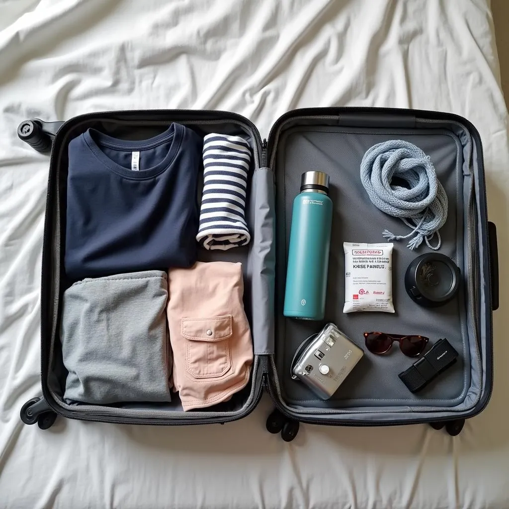 Travel essentials packed in a suitcase