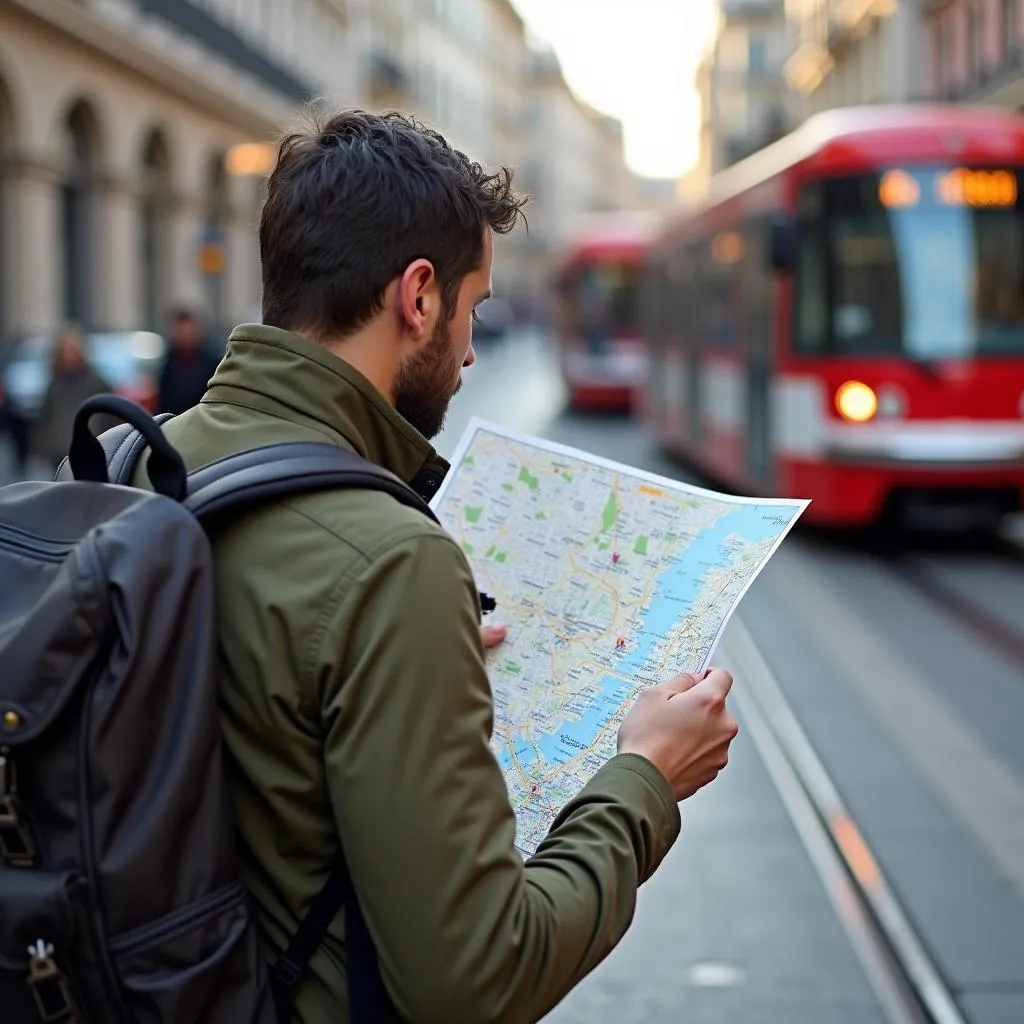 Traveler Exploring City with Map