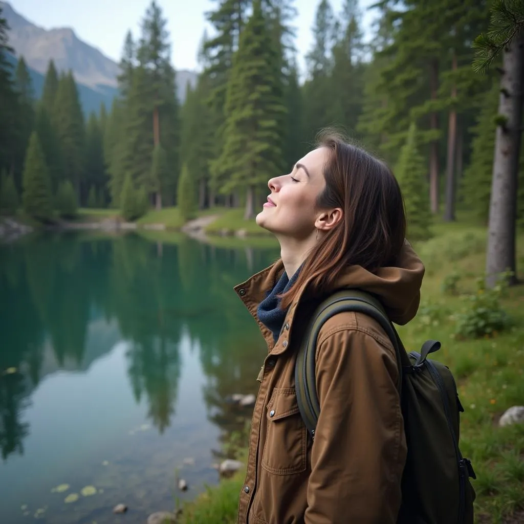 Traveler listening to nature sounds