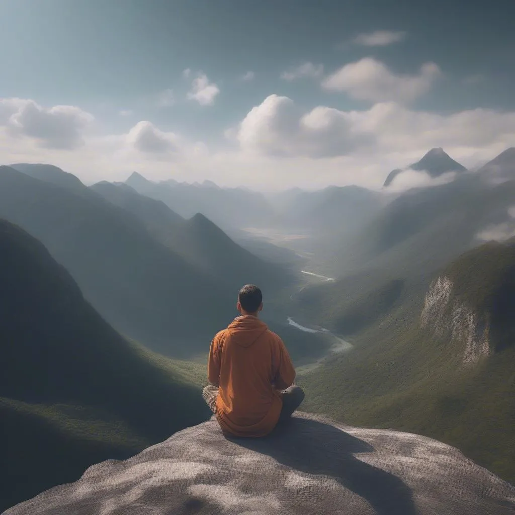 Traveler meditating on serene mountaintop