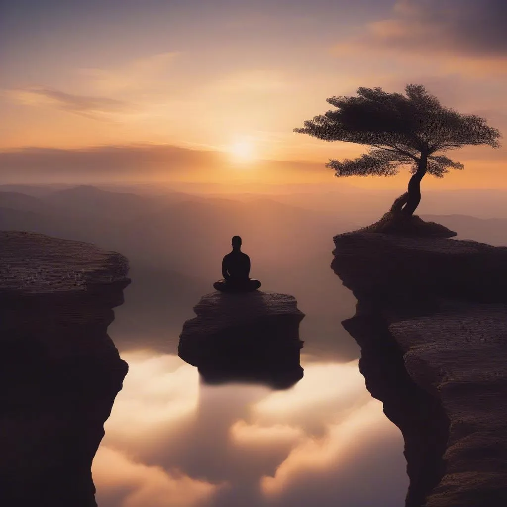 Solo traveler meditating at sunrise