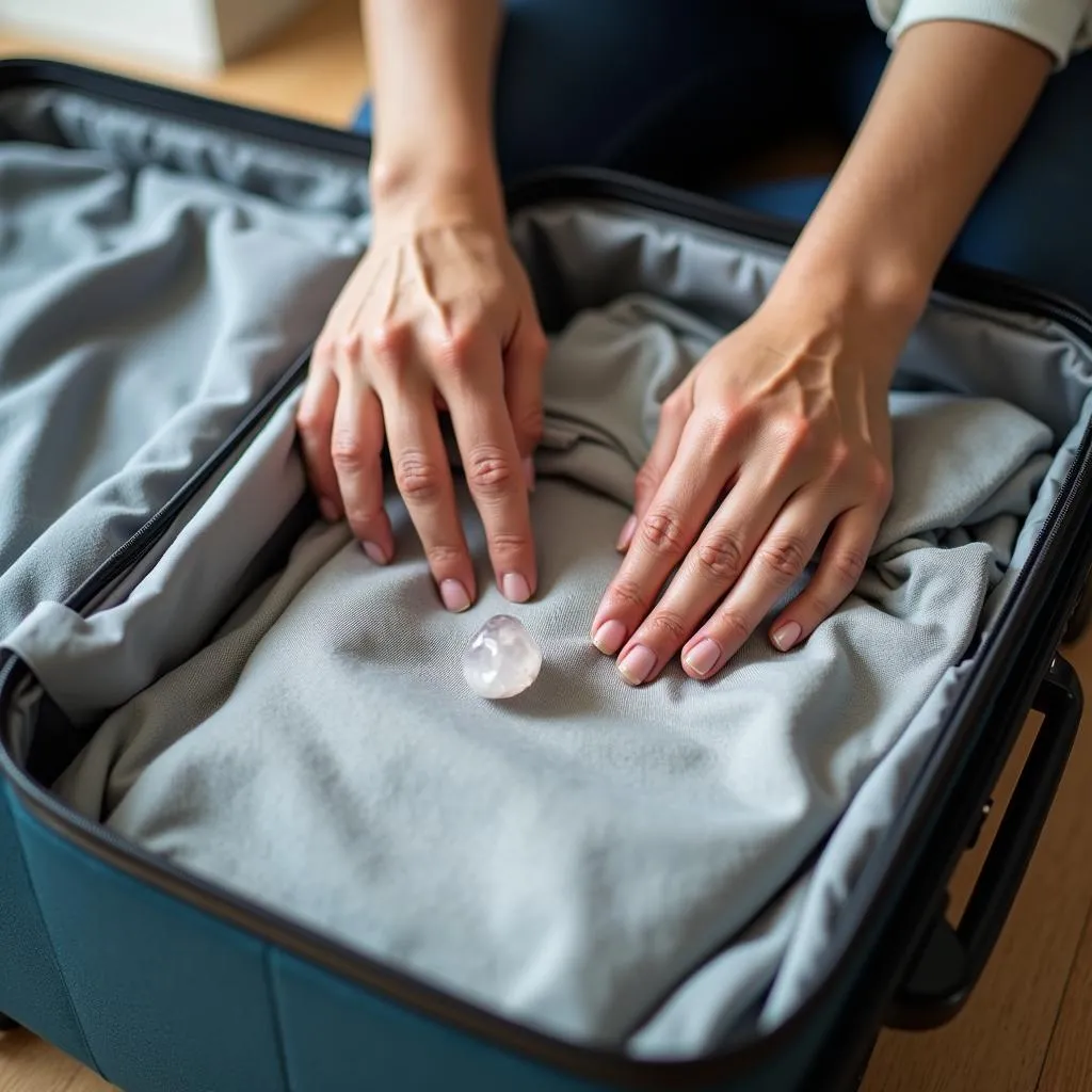 Person packing a suitcase with Feng Shui elements