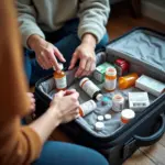 Traveler packing medicine for a trip.