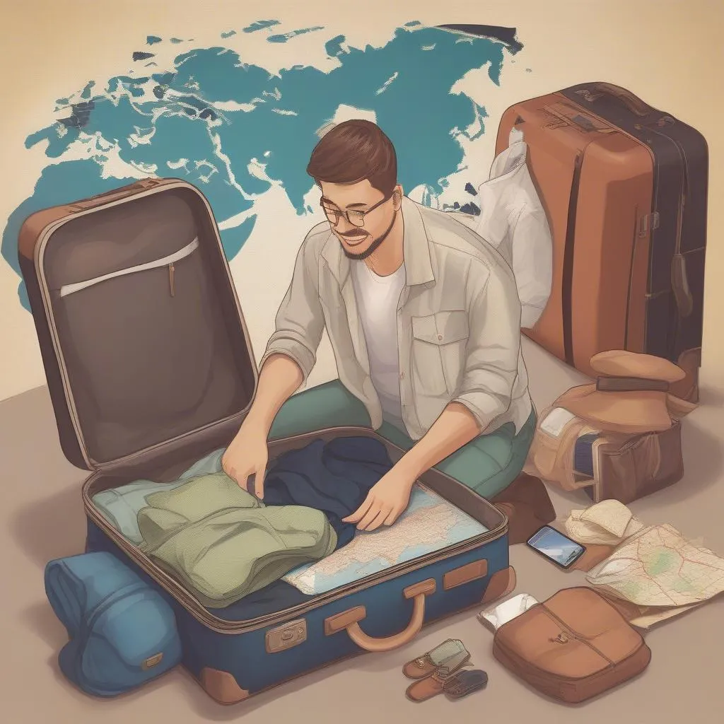 Traveler packing suitcase with a map