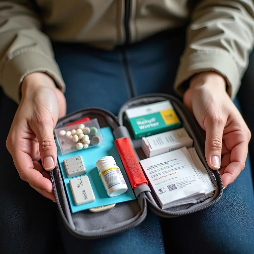 Traveler preparing a first-aid kit