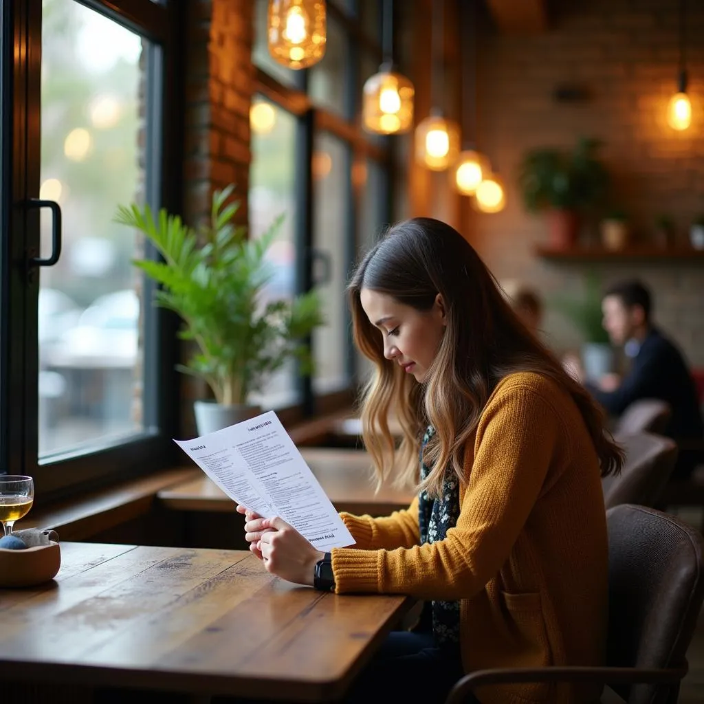 Traveler reading insurance policy at Hanoi cafe