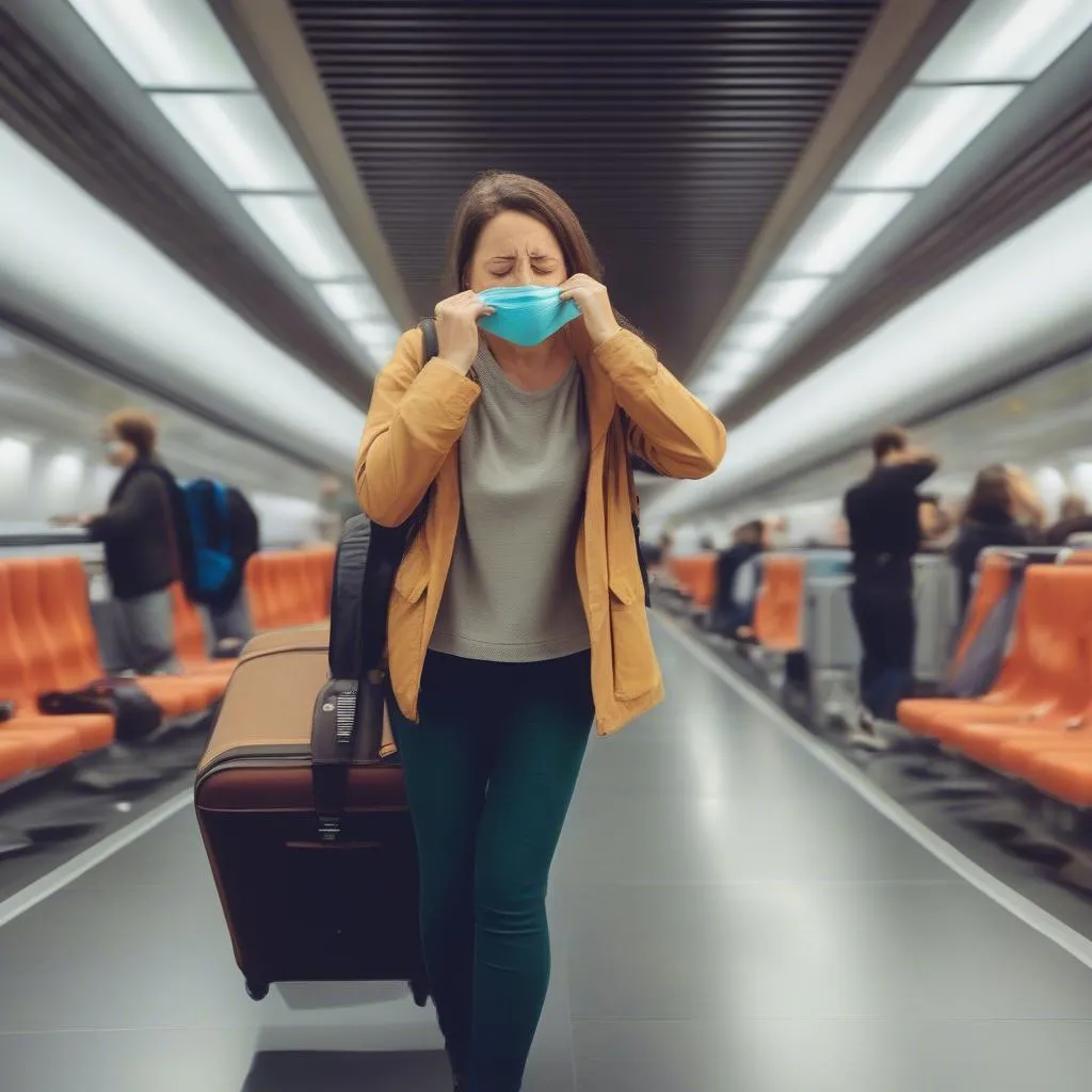 Traveler Demonstrating Proper Sneeze Etiquette